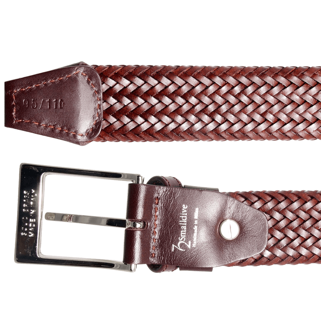 34 mm Fine Tubular Weave Belt in Brown, showcasing intricate braided leather design and silver plated brass buckle.