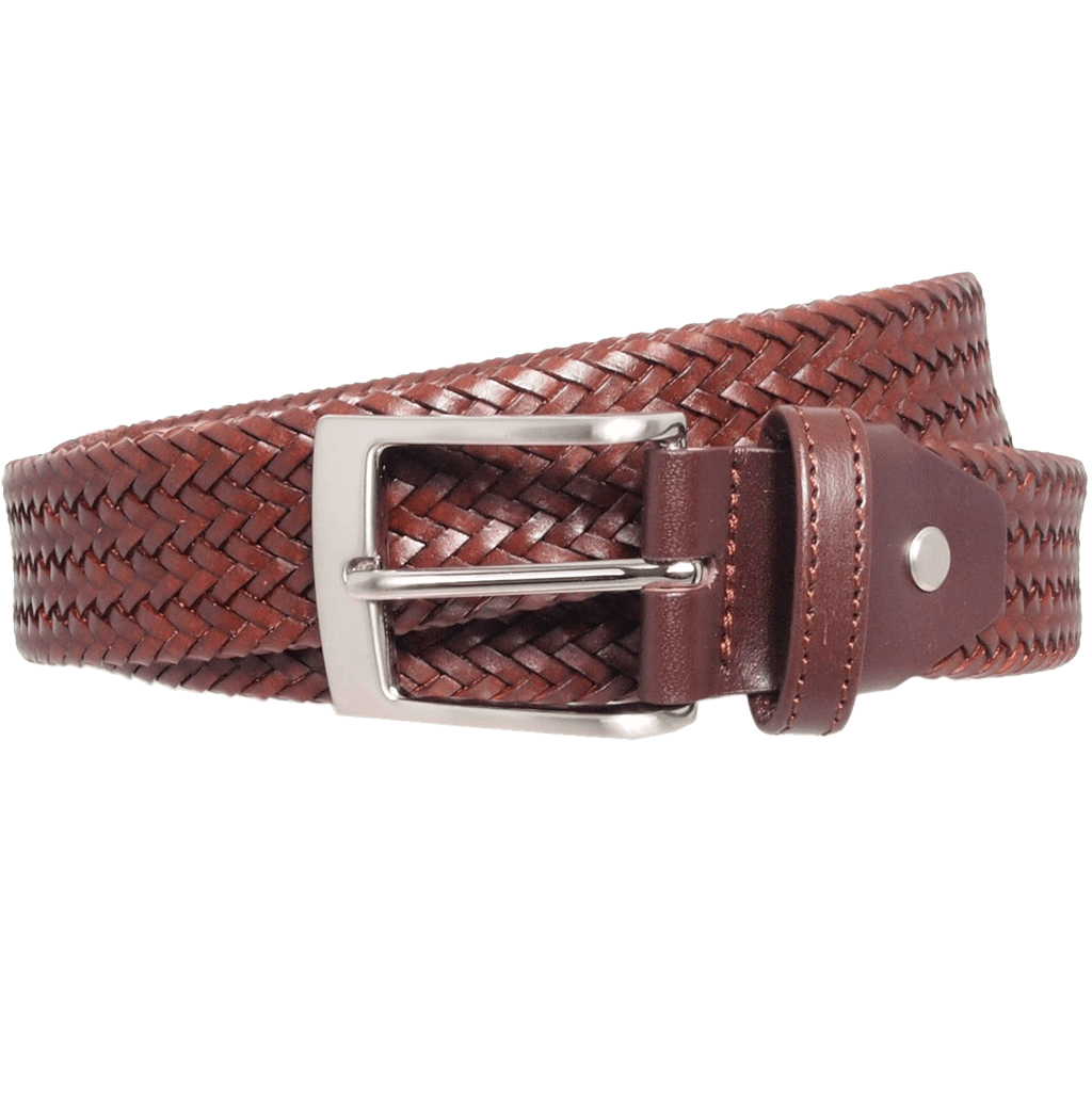 34 mm Fine Tubular Weave Belt in Brown, showcasing intricate braided leather design and silver plated brass buckle.