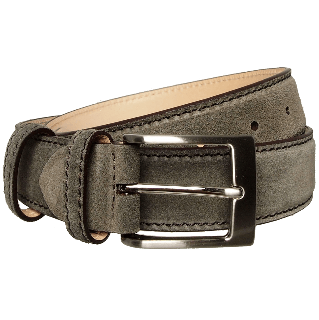 A luxurious 34 mm suede belt with a contrasting lacquered edge and a silver-plated brass buckle, showcasing Italian craftsmanship.