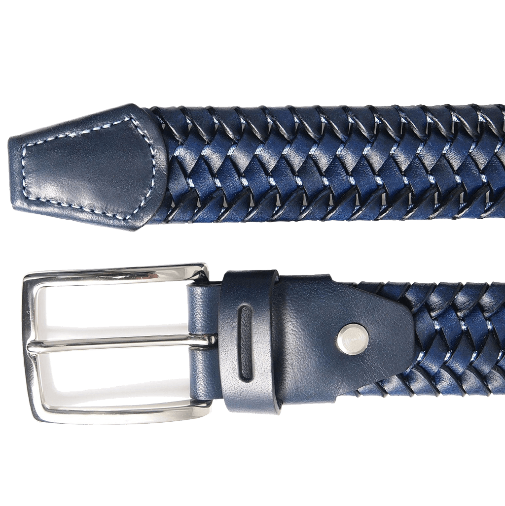 A stylish 34 mm blue leather elastic weave belt featuring a silver plated brass buckle, handmade in Milan, Italy, showcasing intricate weaving with waxed cotton chord.