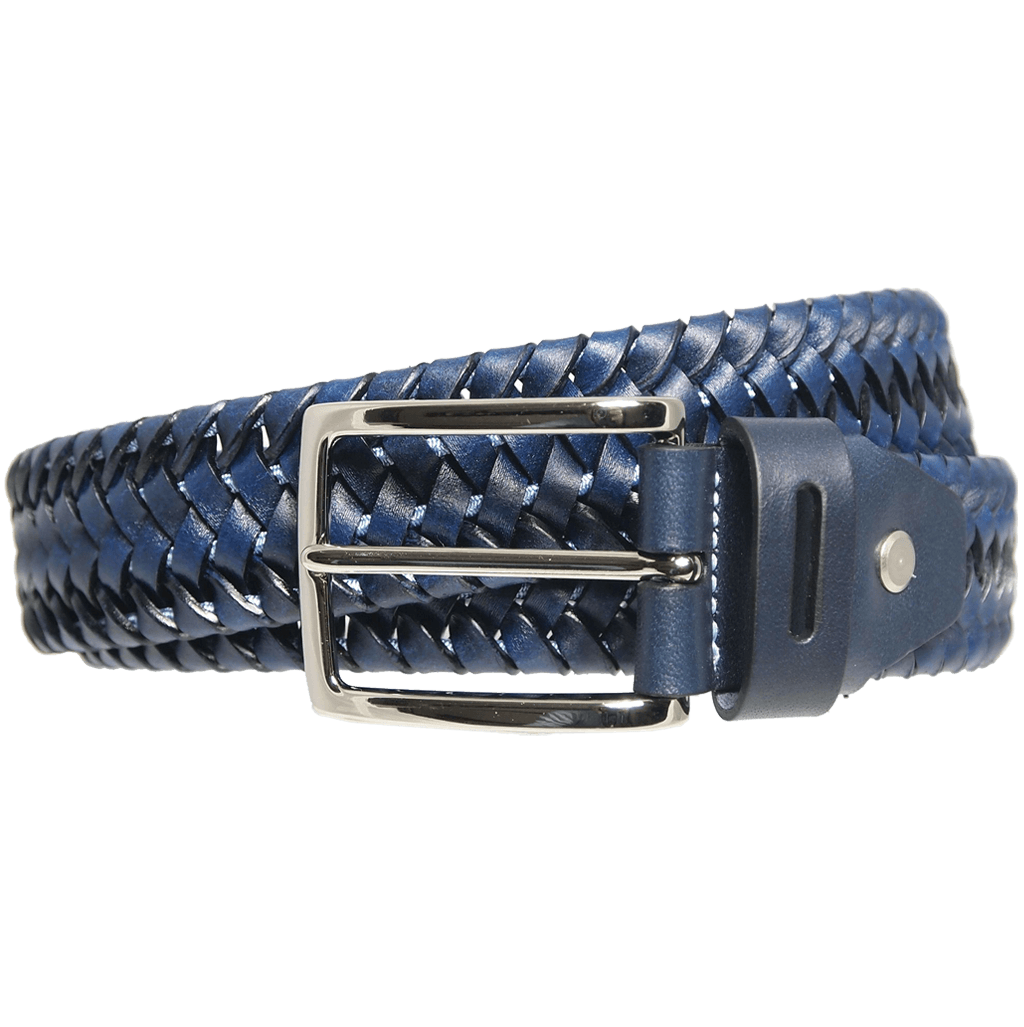 A stylish 34 mm blue leather elastic weave belt featuring a silver plated brass buckle, handmade in Milan, Italy, showcasing intricate weaving with waxed cotton chord.