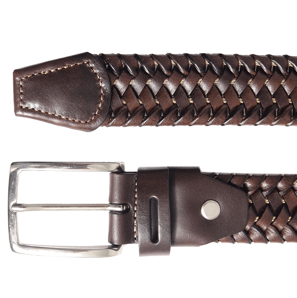 34 mm Leather Elastic Weave Belt in Brown, featuring intricate weaving, waxed cotton elastic chord, and a silver plated brass buckle.