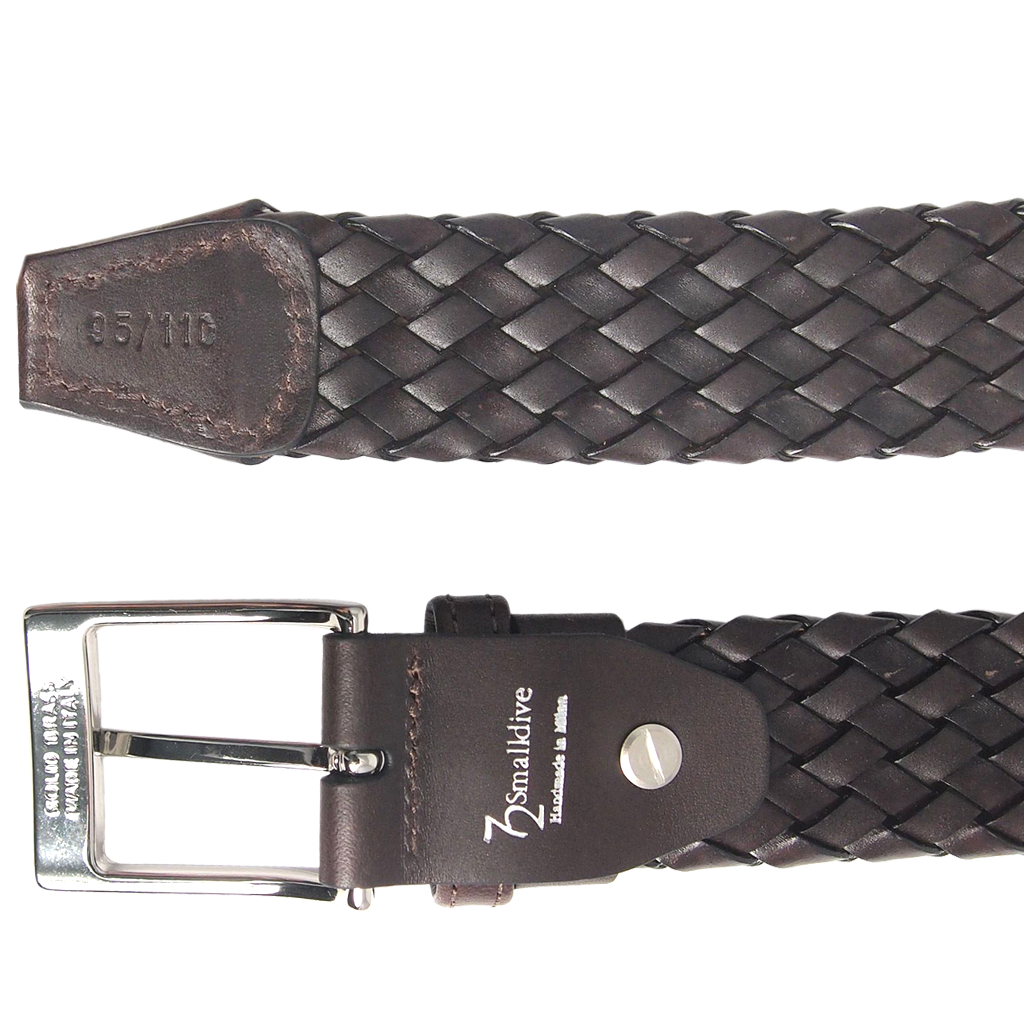 34 mm Weave Belt in Dark Brown, handmade from regenerated leather with a tubular weave design and silver plated brass buckle.