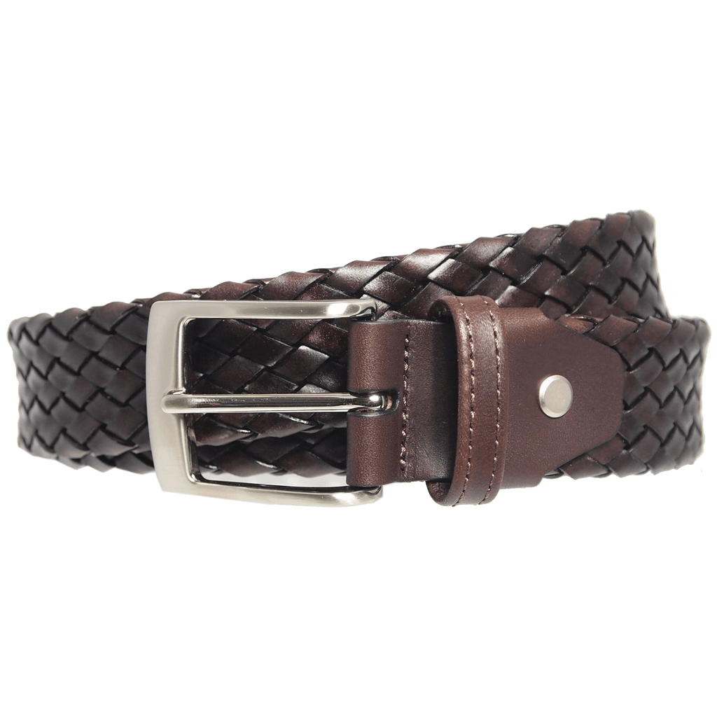 34 mm Weave Belt in Dark Brown, handmade from regenerated leather with a tubular weave design and silver plated brass buckle.