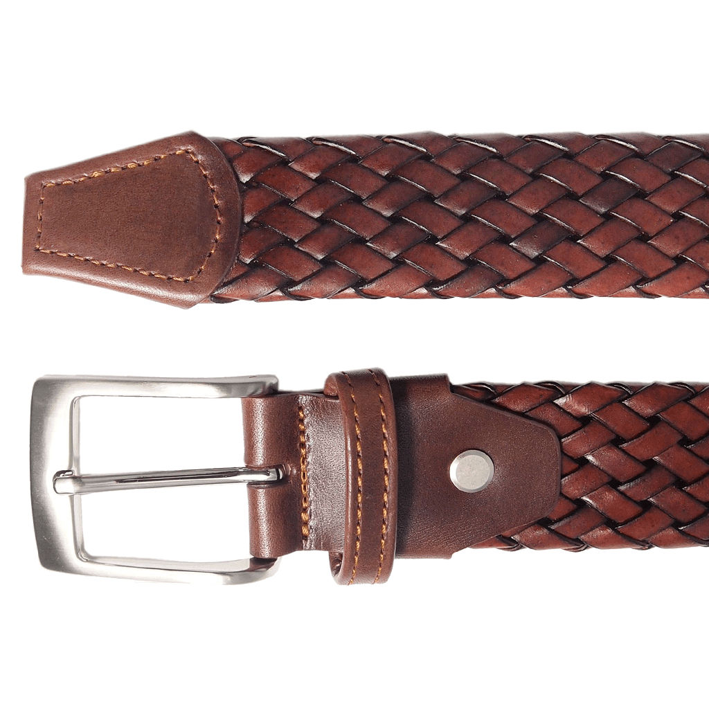 A stylish 34 mm brown weave leather belt with a silver plated brass buckle, showcasing intricate tubular weaving, perfect for casual and formal wear.