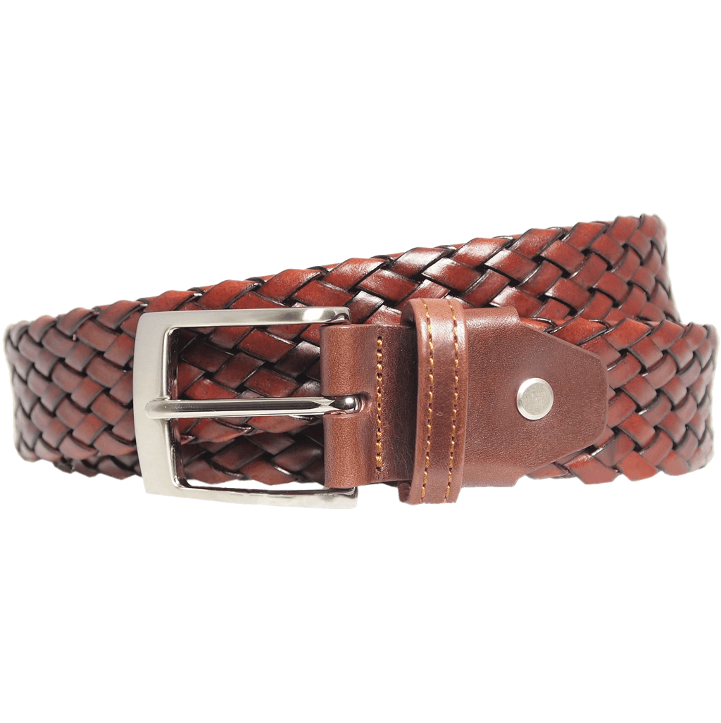 A stylish 34 mm brown weave leather belt with a silver plated brass buckle, showcasing intricate tubular weaving, perfect for casual and formal wear.