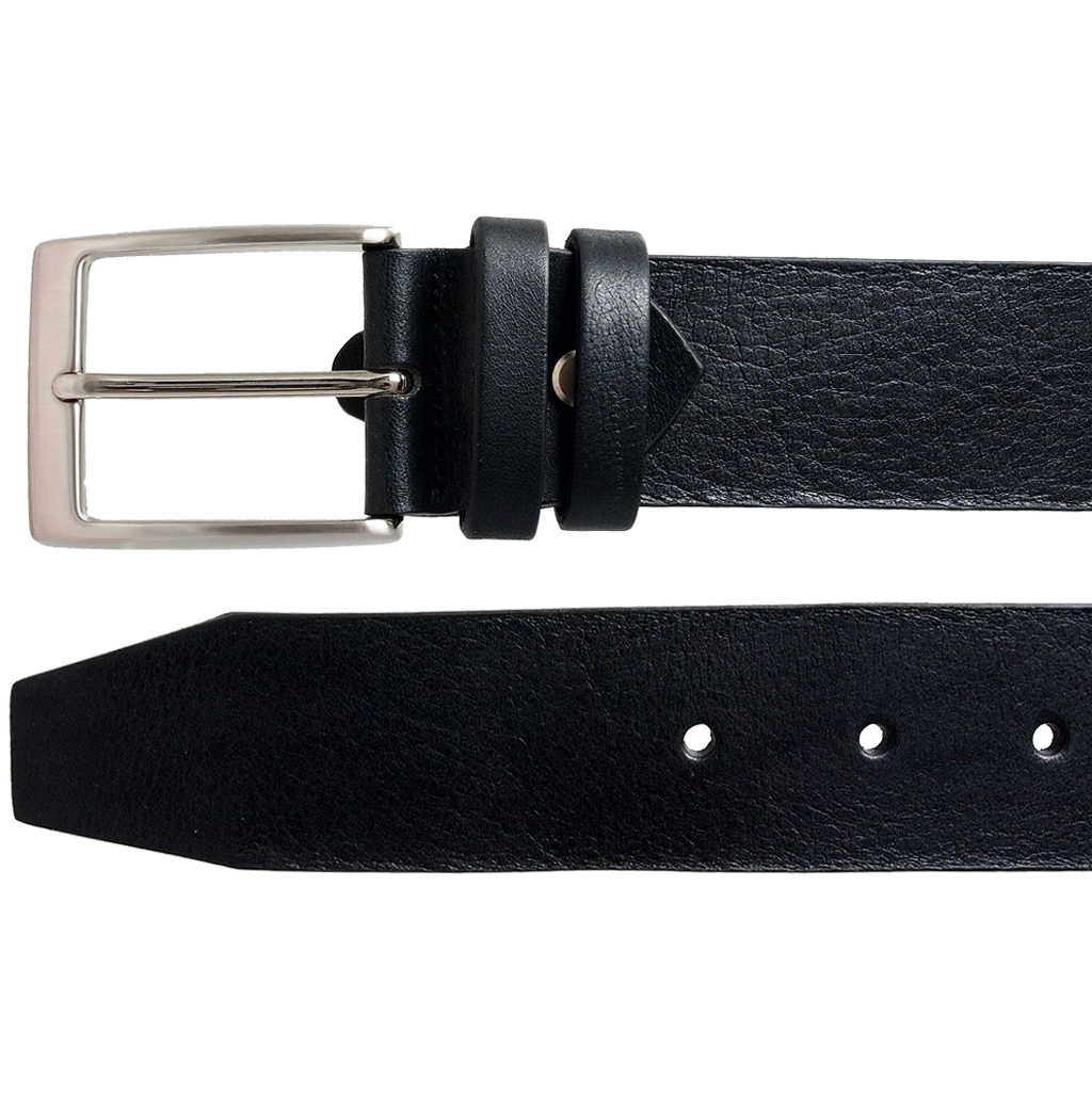 A stylish 40 mm black bridle leather belt with a matt silver brass buckle, showcasing its premium craftsmanship and versatility for various outfits.