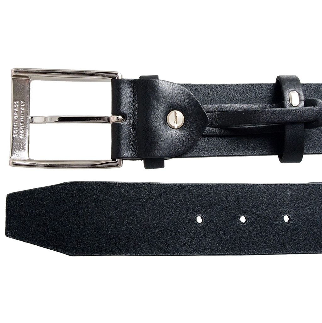 A stylish 40 mm black bridle leather belt with a matt silver brass buckle, showcasing its premium craftsmanship and versatility for various outfits.