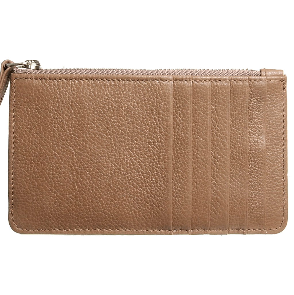 5 Credit Card Pebbled Leather Card Wallet with Zip Beaver, showcasing its sleek design, pebbled texture, and multiple card slots.