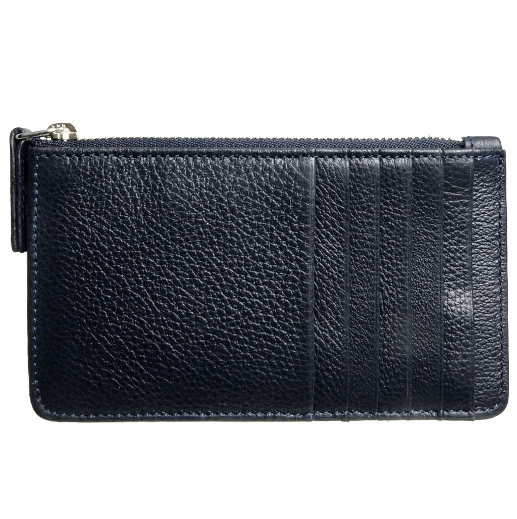 5 Credit Card Pebbled Leather Card Wallet in Blue, featuring a zipped compartment and multiple card sleeves, handmade in Milan, Italy.