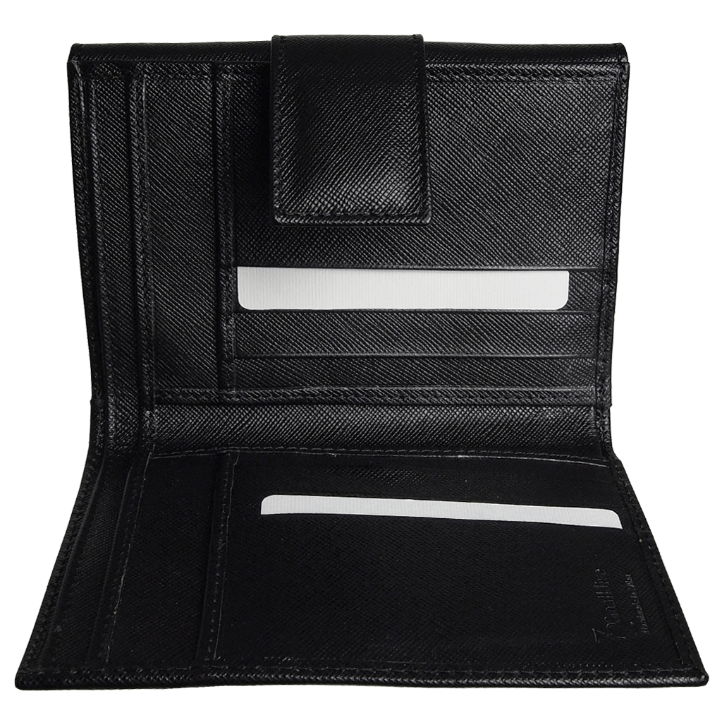 6 Credit Card Saffiano Leather French Wallet in Black, showcasing its sleek design and premium craftsmanship.