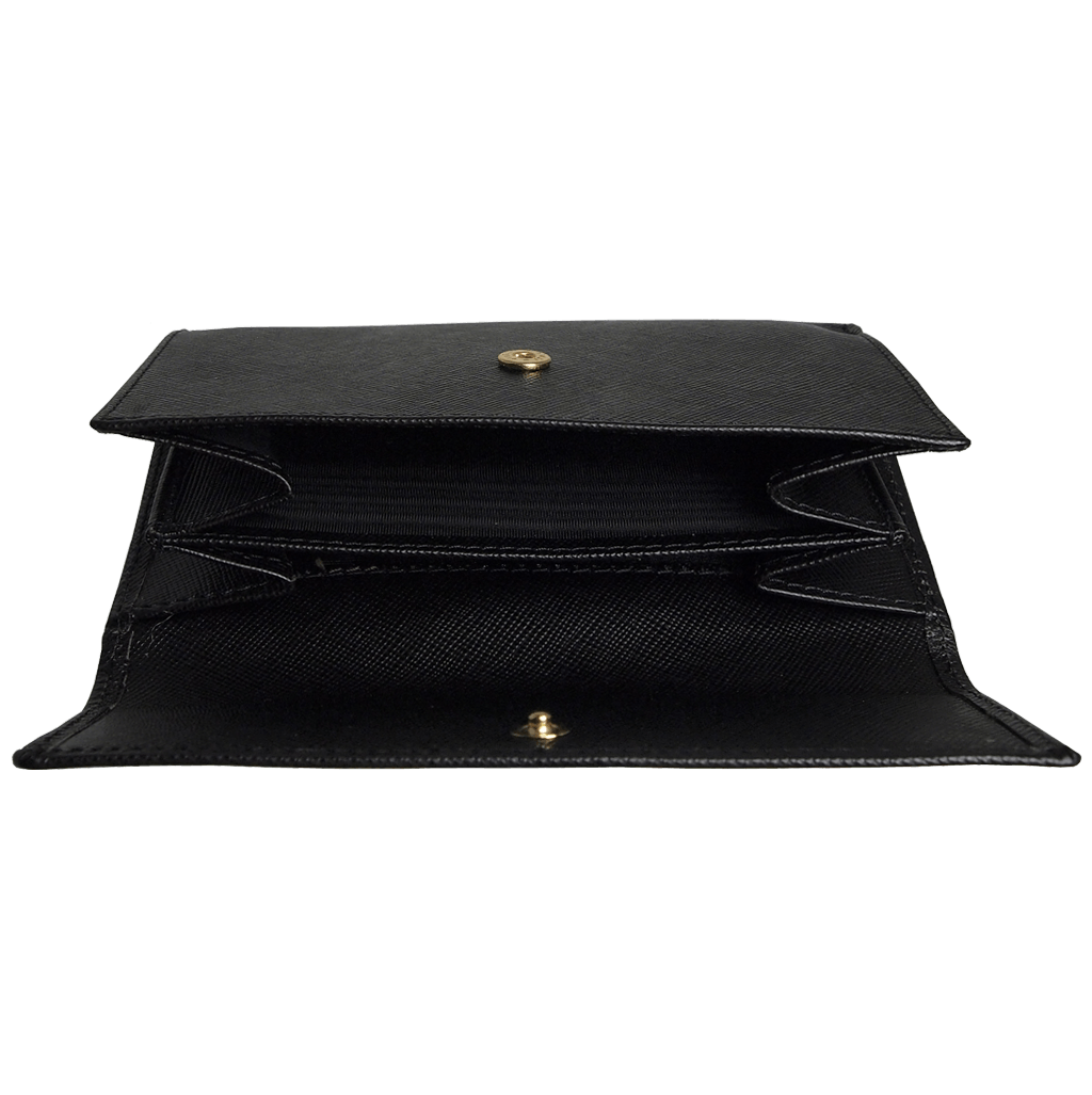 6 Credit Card Saffiano Leather French Wallet in Black, showcasing its sleek design and premium craftsmanship.