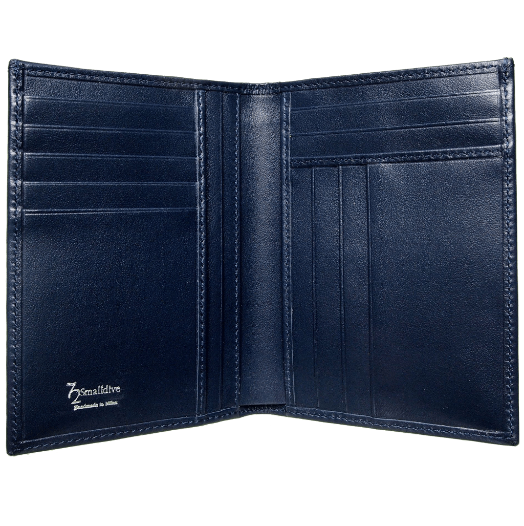 8 Credit Card Pocket Buffed Leather Billfold in blue, showcasing its sleek design and premium calf leather finish, ideal for blazers.