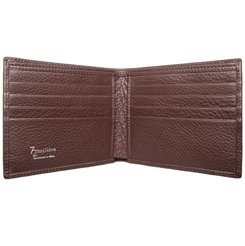 8 Credit Card Small Pebbled Leather Billfold in Brown, showcasing its luxurious top grain calf leather and compact design.