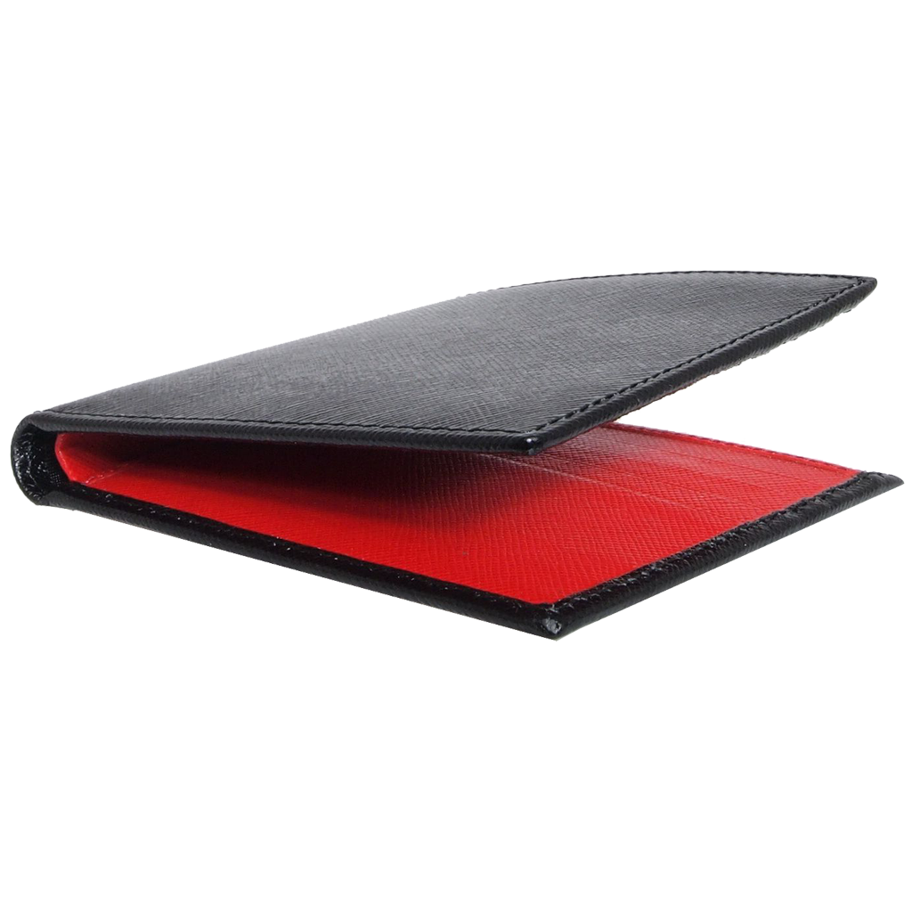 8 Credit Cards Bi-Color Saffiano Billfold in Black-Red, showcasing its sleek design and premium Saffiano leather finish.