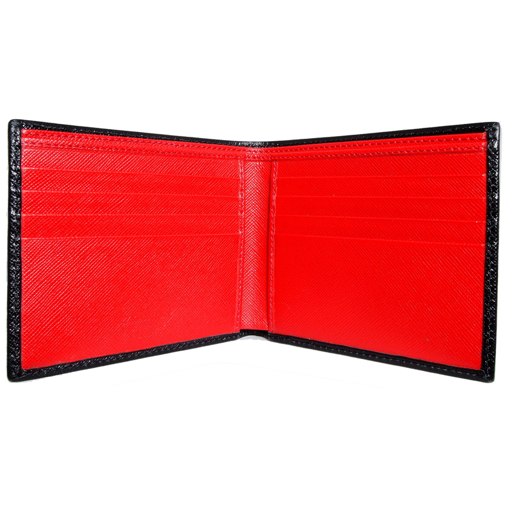 8 Credit Cards Bi-Color Saffiano Billfold in Black-Red, showcasing its sleek design and premium Saffiano leather finish.