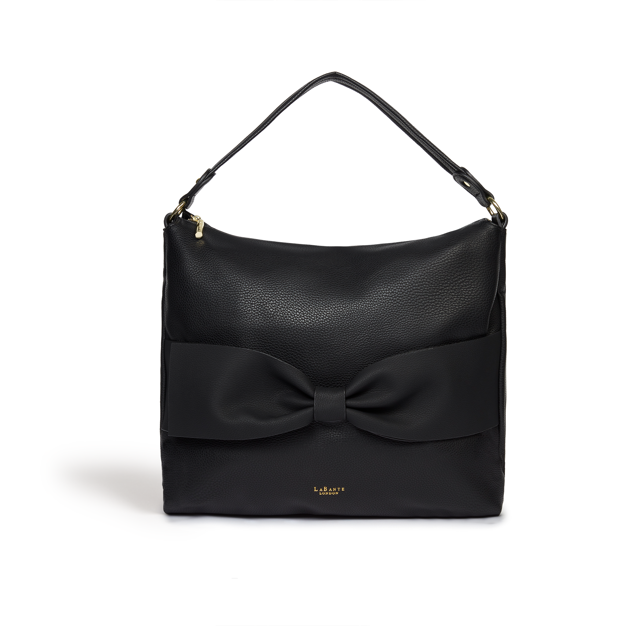 Abelia Black Vegan Hobo Bag featuring a soft silhouette, bow detail, and zip closure, perfect for everyday use.