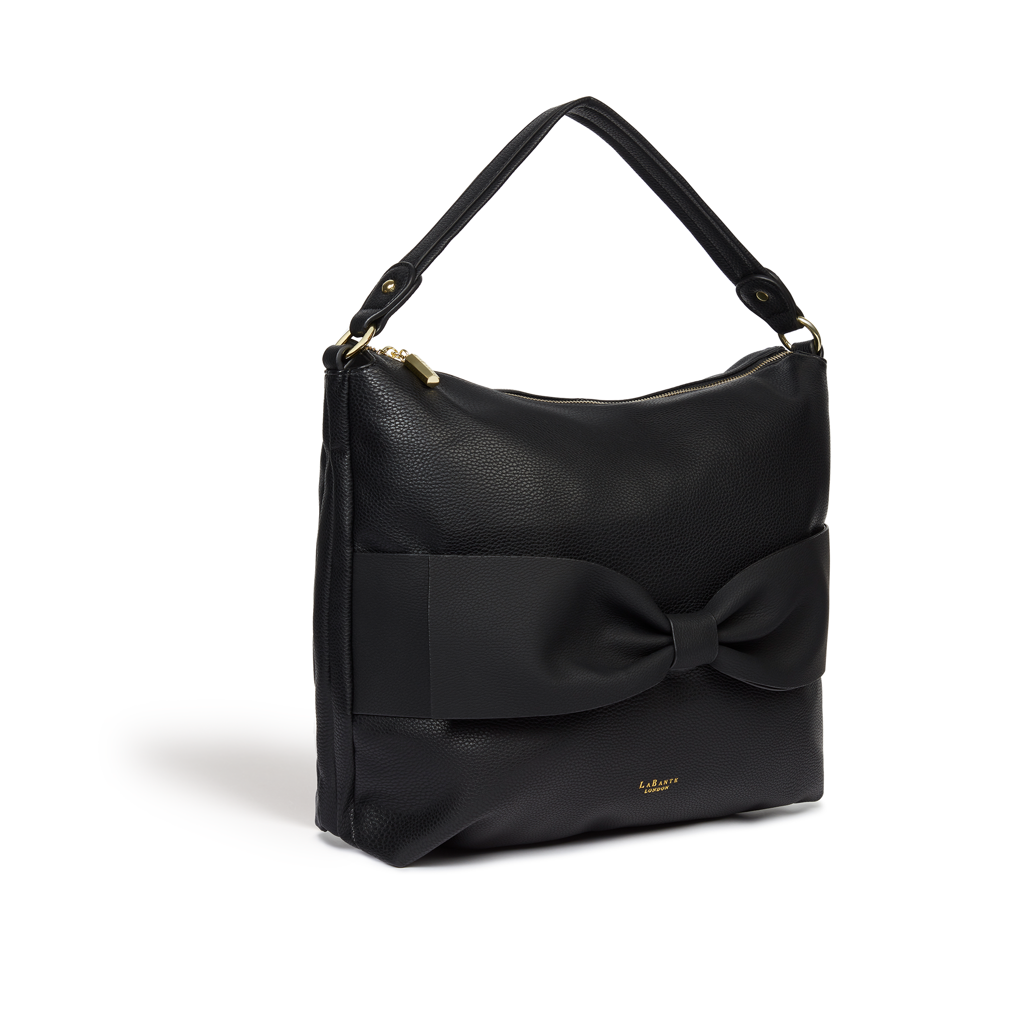 Abelia Black Vegan Hobo Bag featuring a soft silhouette, bow detail, and zip closure, perfect for everyday use.