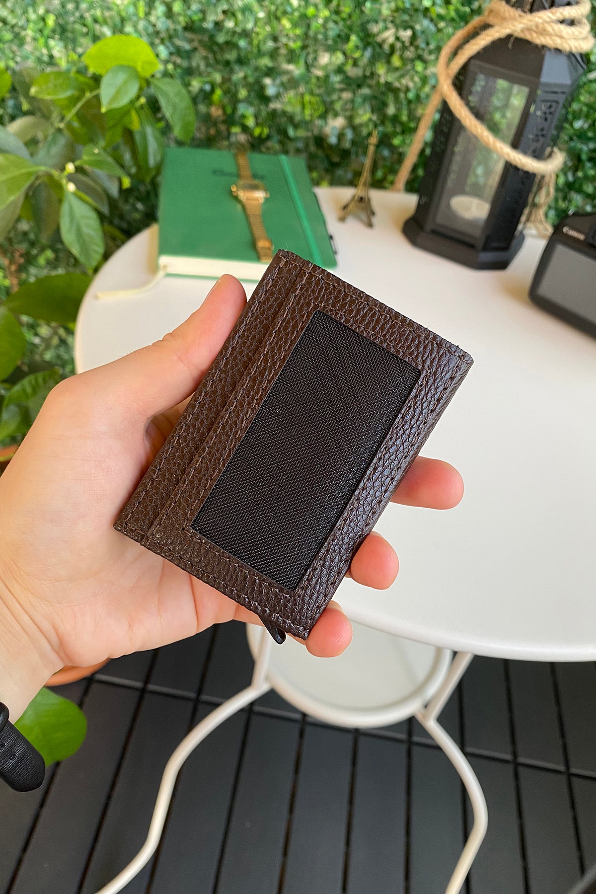 Agara PU Leather RFID Mechanism Card Holder in sleek design, showcasing card slots and pop-up mechanism.