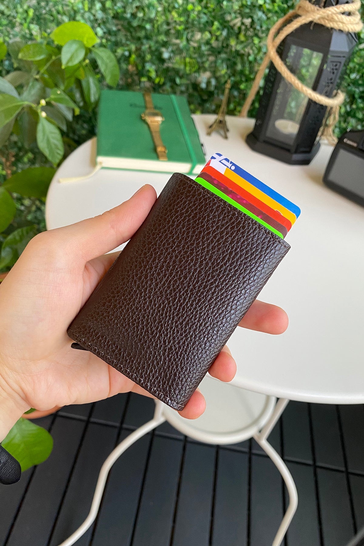 Agara PU Leather RFID Mechanism Card Holder in sleek design, showcasing card slots and pop-up mechanism.