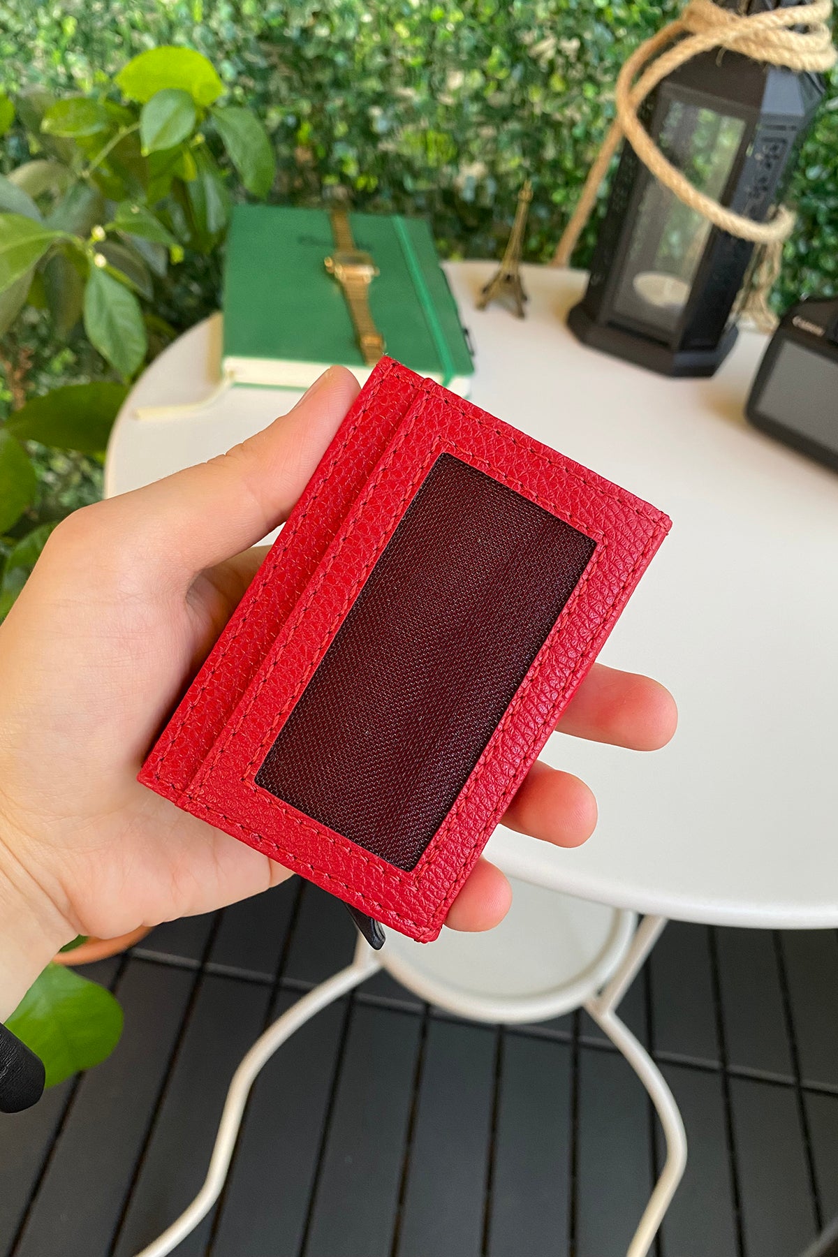 Agara PU Leather RFID Mechanism Card Holder in sleek design, showcasing card slots and pop-up mechanism.