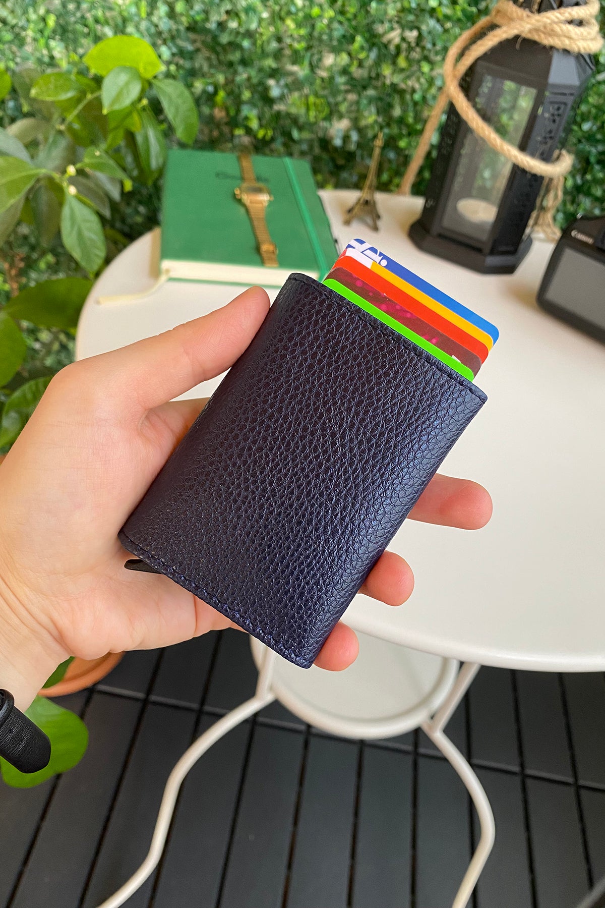 Agara PU Leather RFID Mechanism Card Holder in sleek design, showcasing card slots and pop-up mechanism.