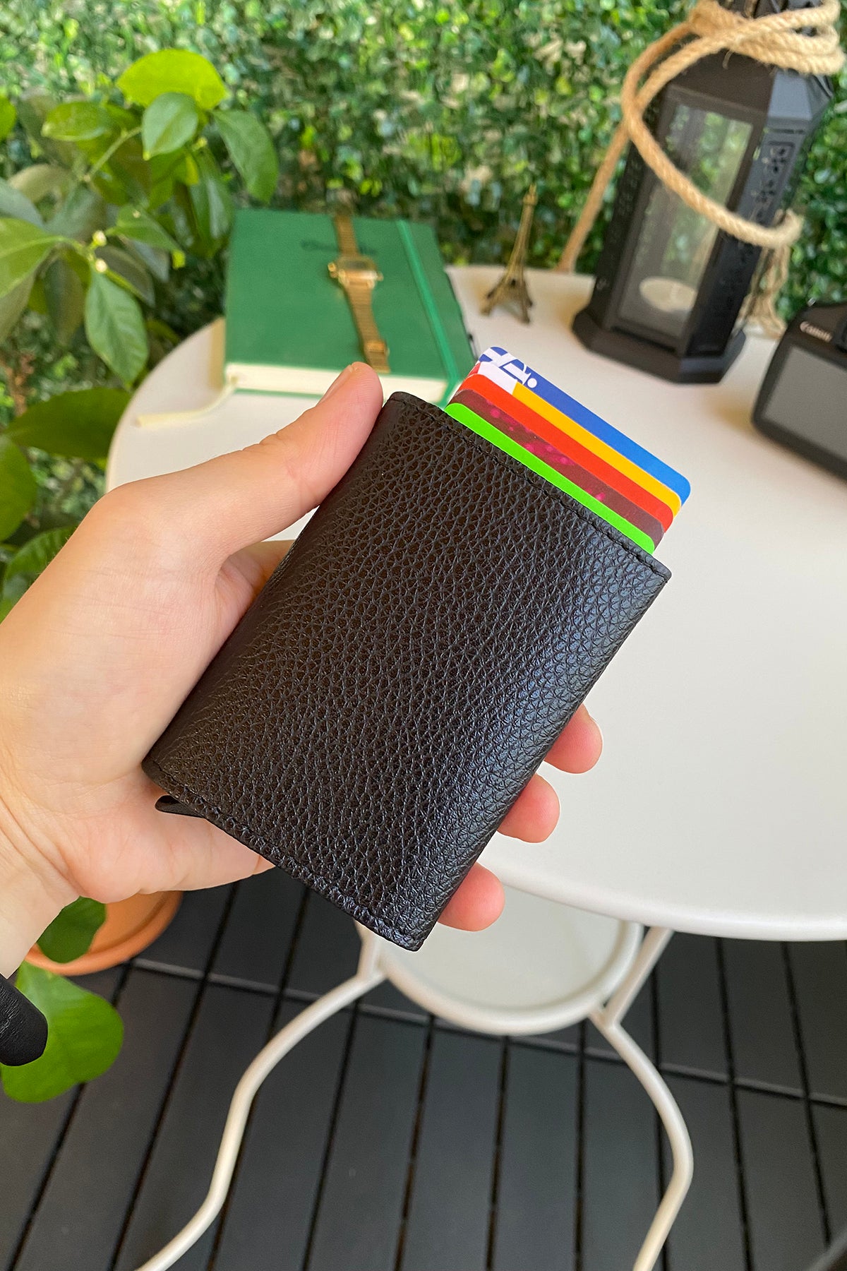 Agara PU Leather RFID Mechanism Card Holder in sleek design, showcasing card slots and pop-up mechanism.