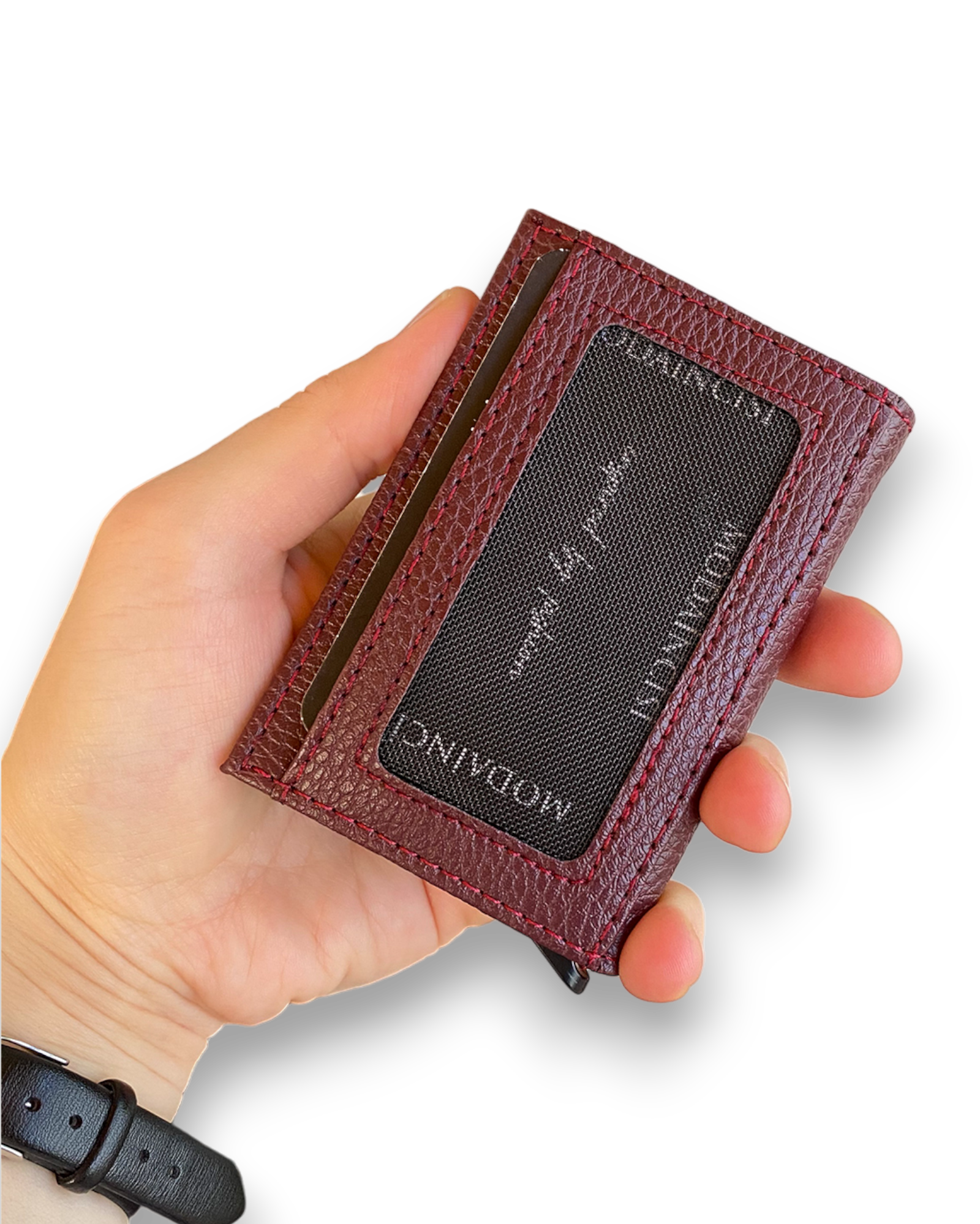 Agara PU Leather RFID Mechanism Card Holder in sleek design, showcasing card slots and pop-up mechanism.