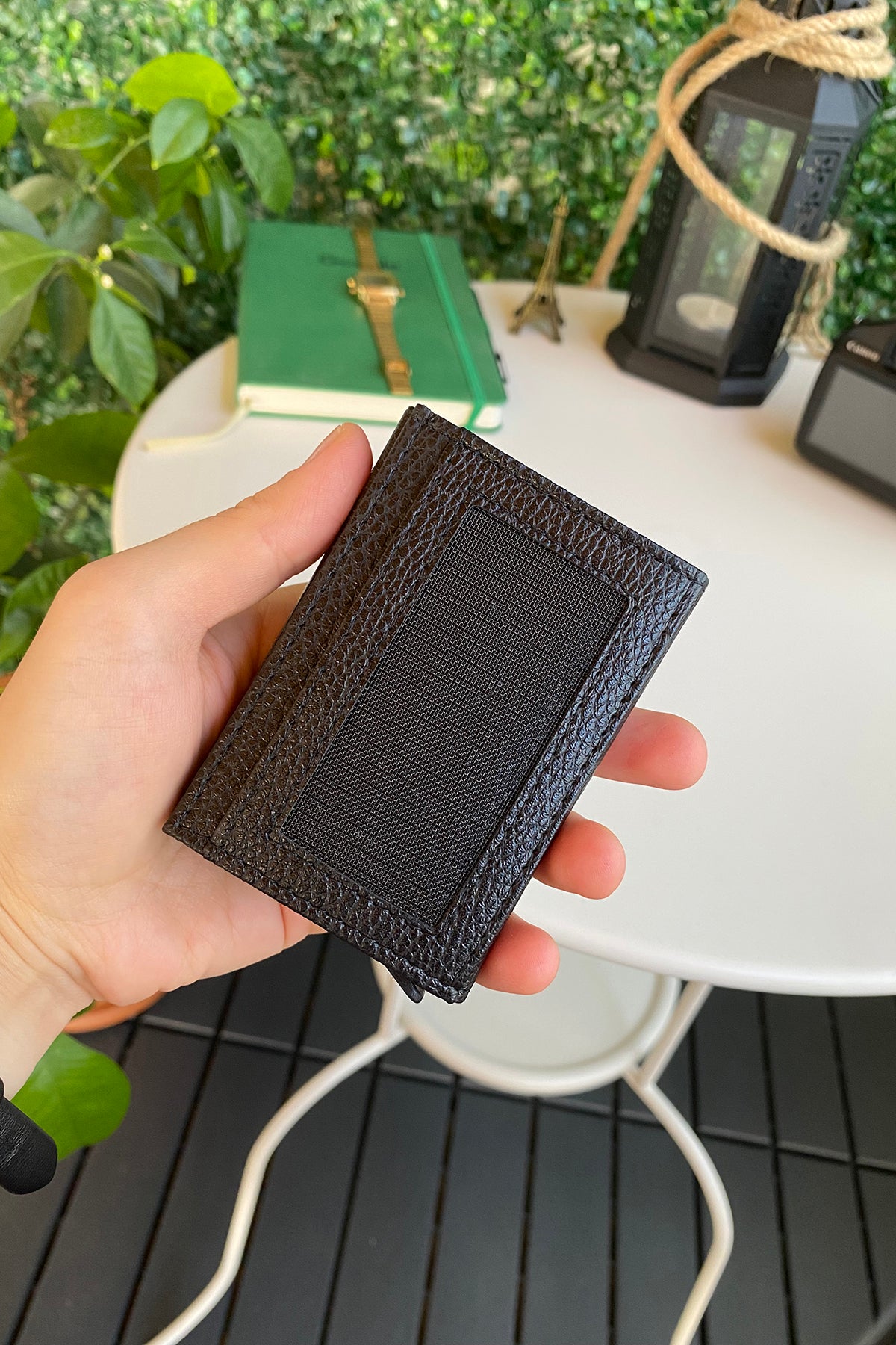 Agara PU Leather RFID Mechanism Card Holder in sleek design, showcasing card slots and pop-up mechanism.