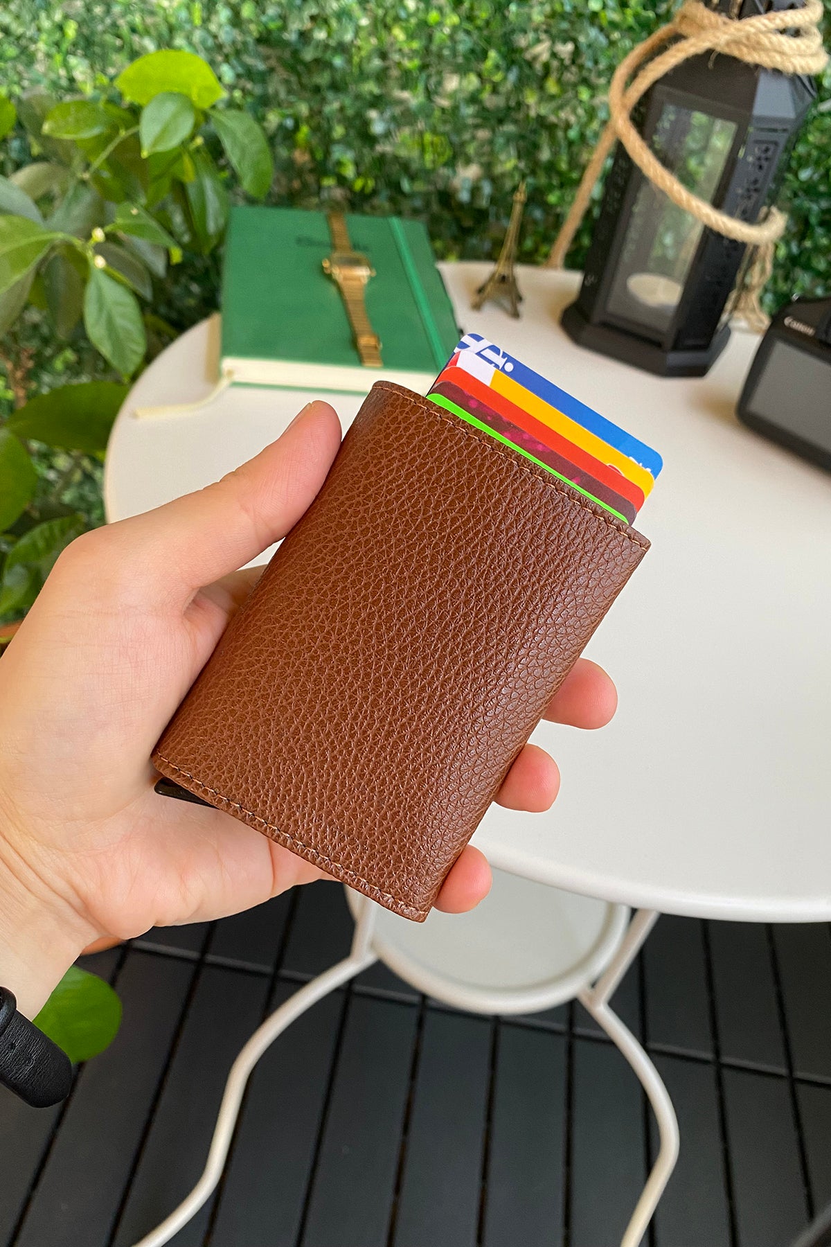 Agara PU Leather RFID Mechanism Card Holder in sleek design, showcasing card slots and pop-up mechanism.