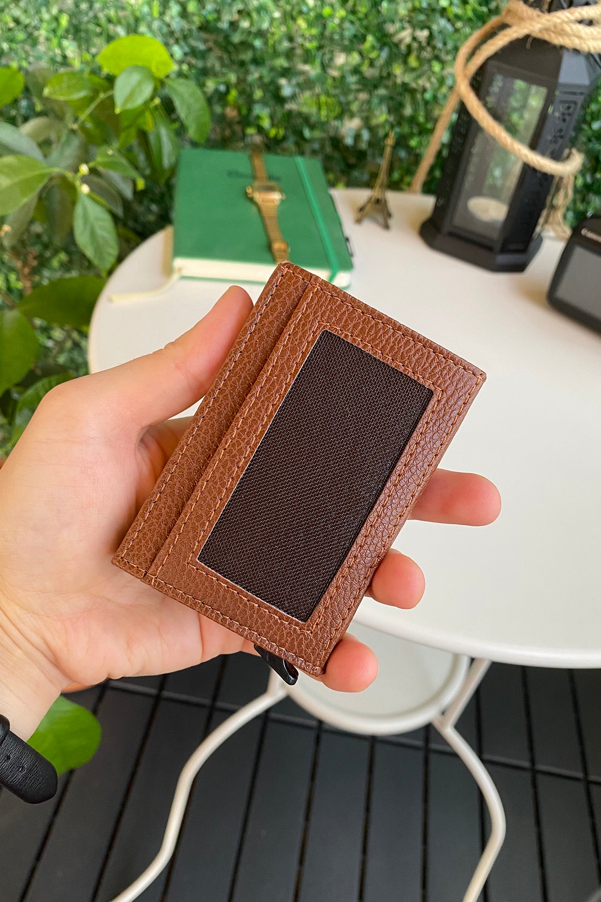 Agara PU Leather RFID Mechanism Card Holder in sleek design, showcasing card slots and pop-up mechanism.