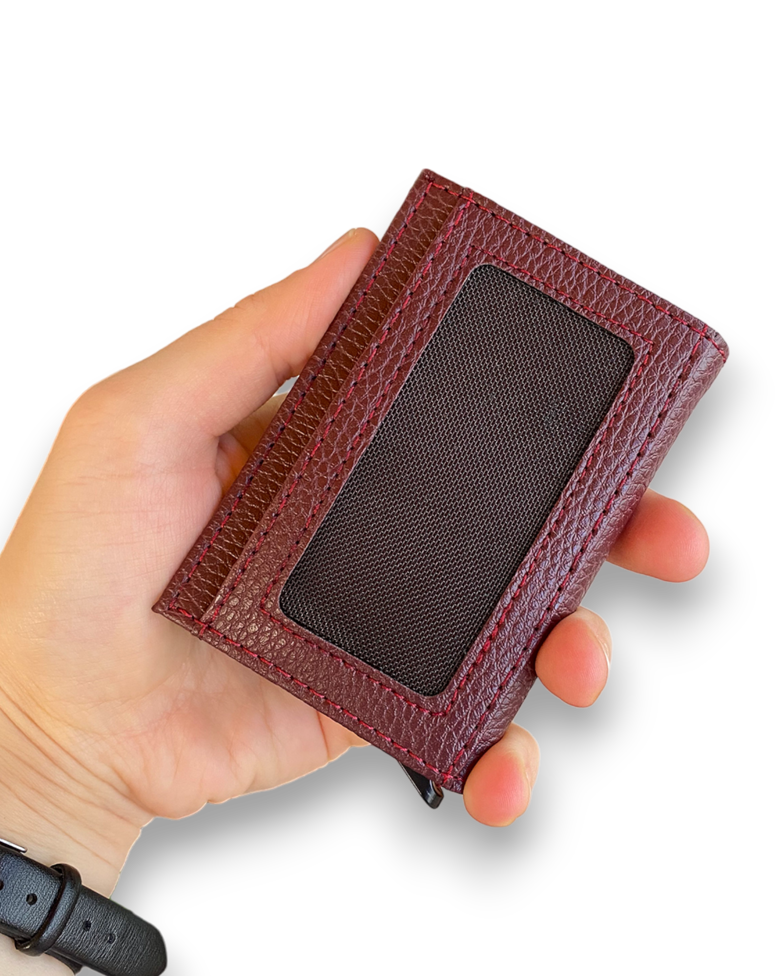 Agara PU Leather RFID Mechanism Card Holder in sleek design, showcasing card slots and pop-up mechanism.