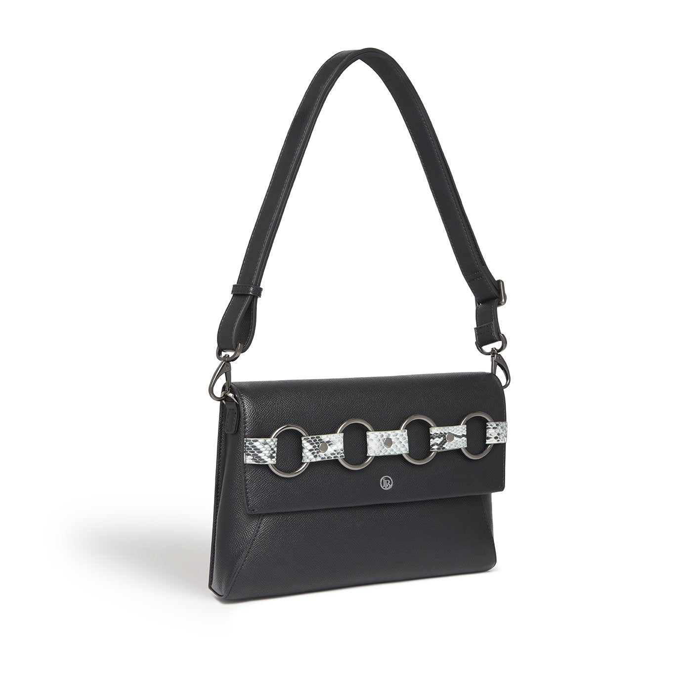 Alder Black Clutch & Cross-Body Bag featuring faux snake embellishment, adjustable strap, and LaBante London logo.