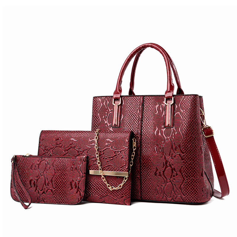 All-match Three-Piece Handbag for Women featuring a stylish tote design in durable PU material, showcasing three bags of varying sizes.