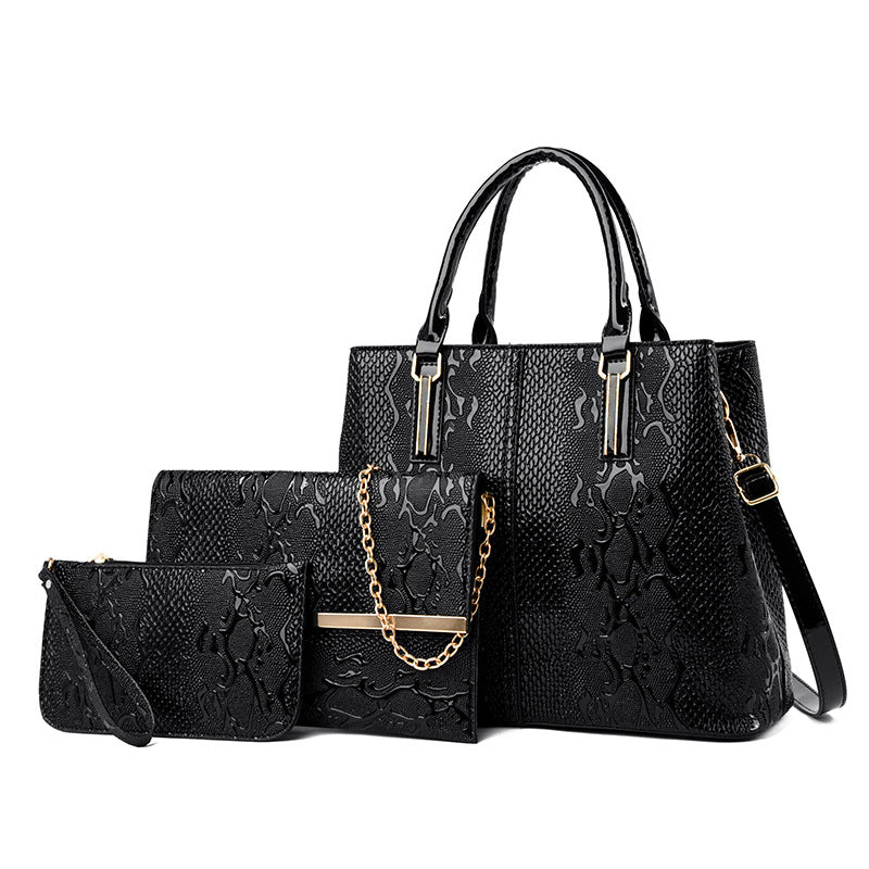 All-match Three-Piece Handbag for Women featuring a stylish tote design in durable PU material, showcasing three bags of varying sizes.