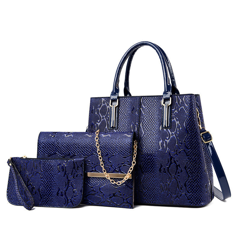 All-match Three-Piece Handbag for Women featuring a stylish tote design in durable PU material, showcasing three bags of varying sizes.