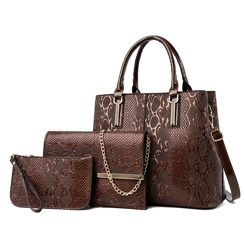 All-match Three-Piece Handbag for Women featuring a stylish tote design in durable PU material, showcasing three bags of varying sizes.