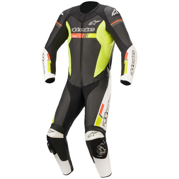 Alpinestars GP Force Chaser Race Suit showcasing its sleek design and high-quality bovine leather construction, ideal for motorcycle racing.