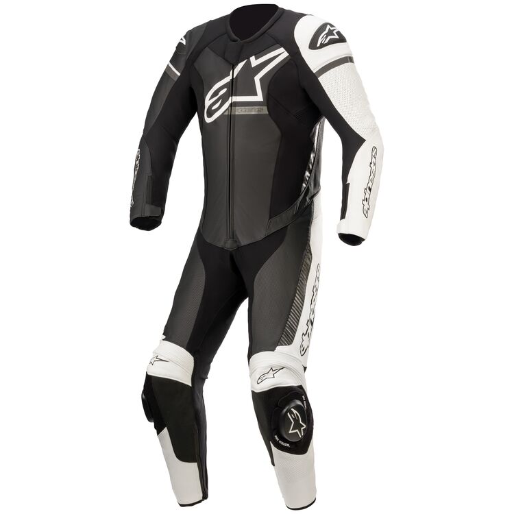 Alpinestars GP Force Phantom Leather Suit showcasing its sleek design and protective features, made from high-quality bovine leather.