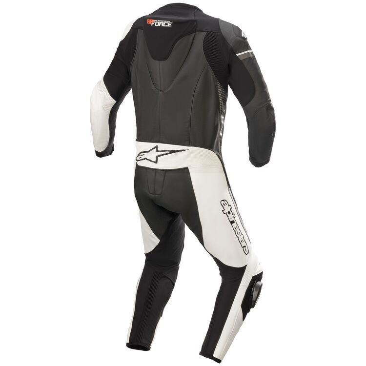 Alpinestars GP Force Phantom Leather Suit showcasing its sleek design and protective features, made from high-quality bovine leather.