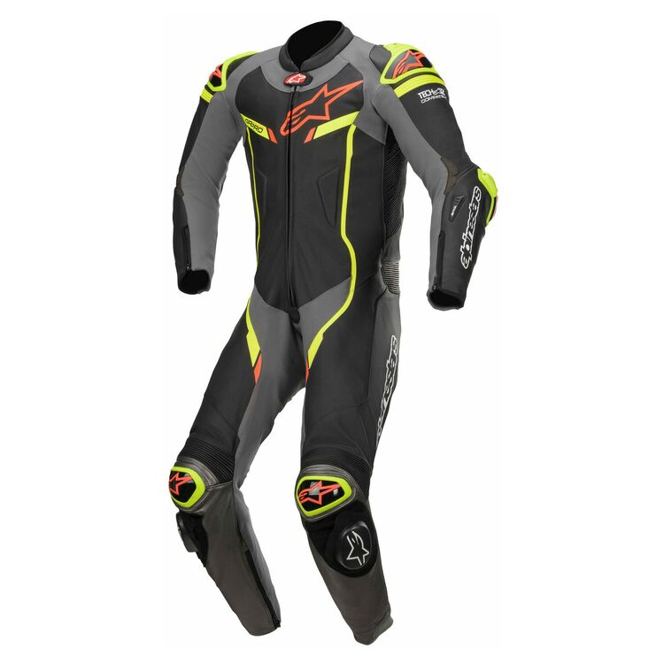 Alpinestars GP Pro v2 Race Suit showcasing premium leather, accordion stretch panels, and CE certified armor for motorcycle racing.