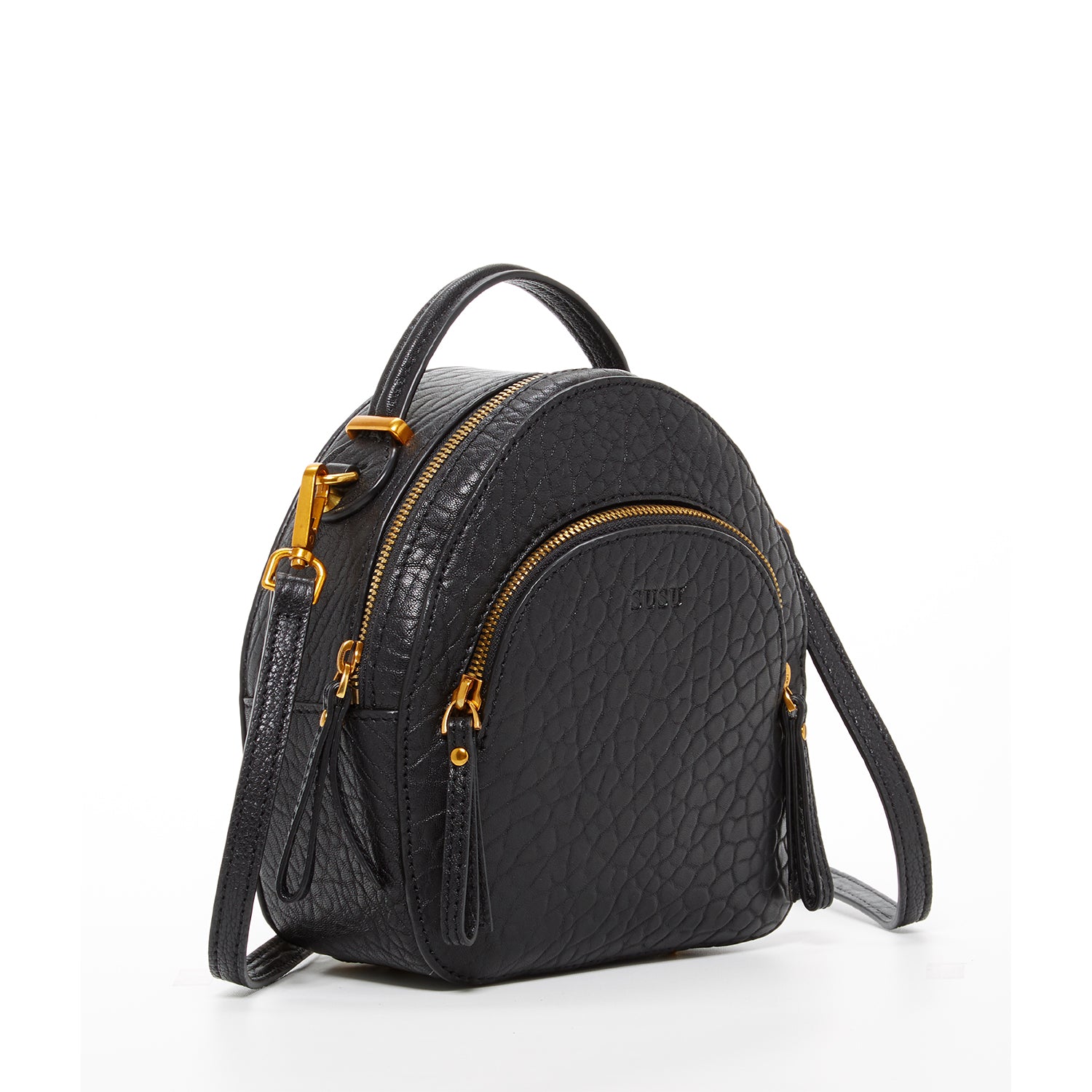 Amanda Black Leather Convertible Backpack Purse with gold hardware and teal lining, showcasing its stylish design and multiple pockets.