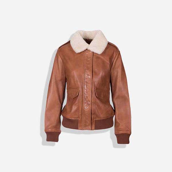 Amanda Bomber Jacket in Chestnut, showcasing its genuine leather material and stylish design.