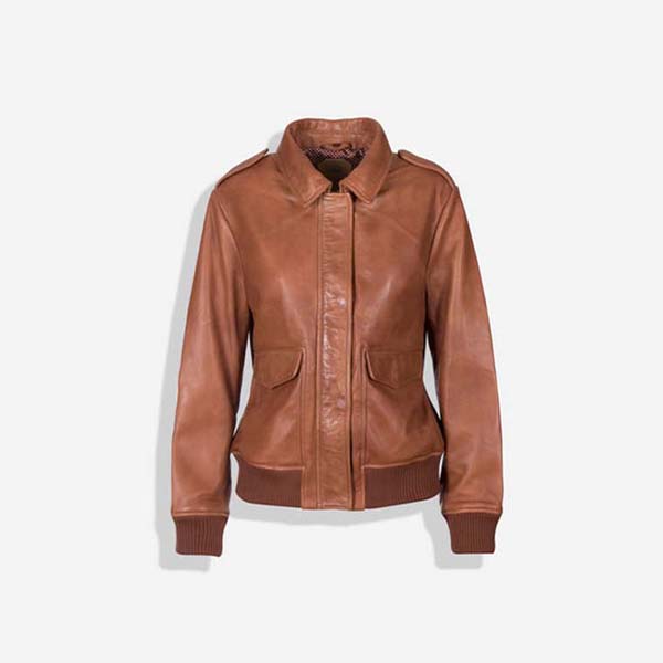 Amanda Bomber Jacket in Chestnut, showcasing its genuine leather material and stylish design.