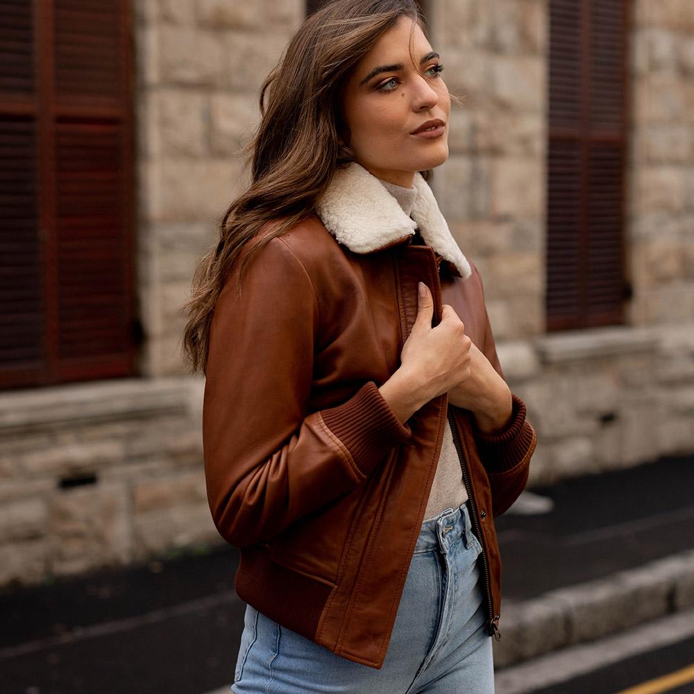 Amanda Bomber Jacket in Chestnut, showcasing its genuine leather material and stylish design.