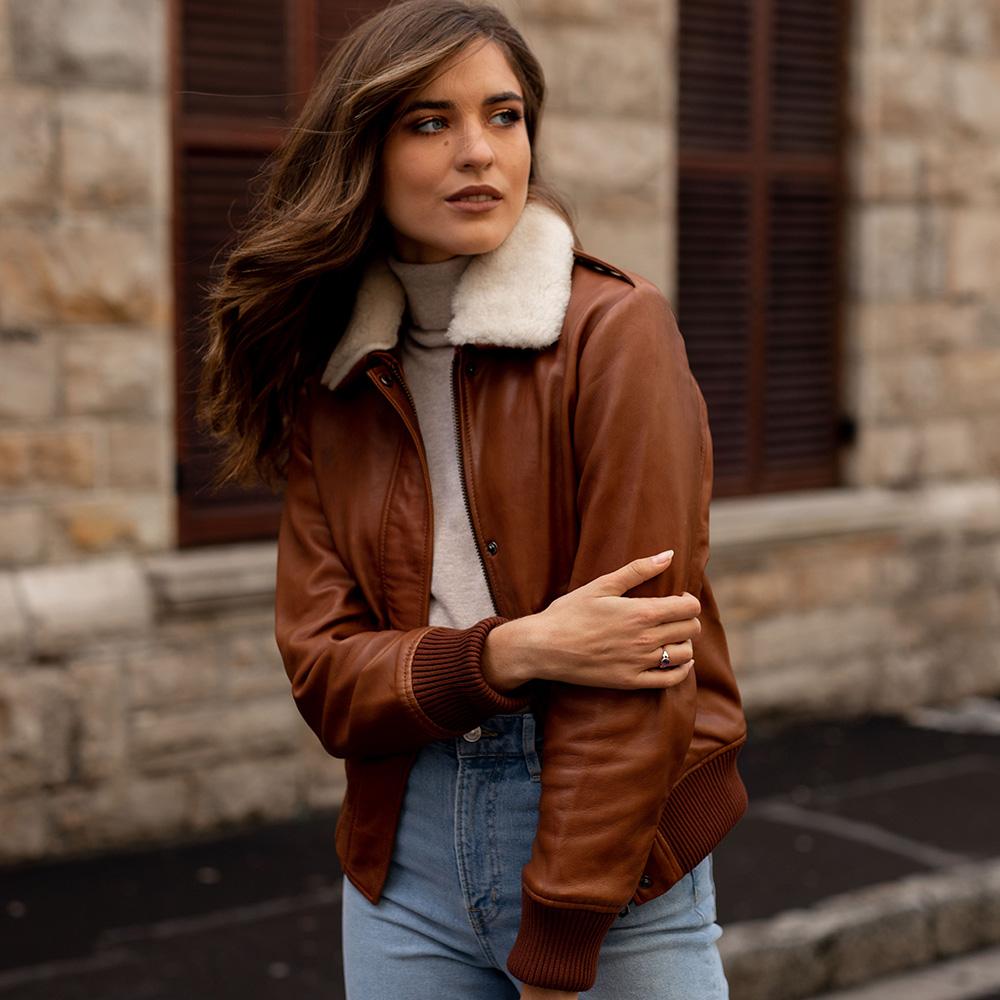 Amanda Bomber Jacket in Chestnut, showcasing its genuine leather material and stylish design.