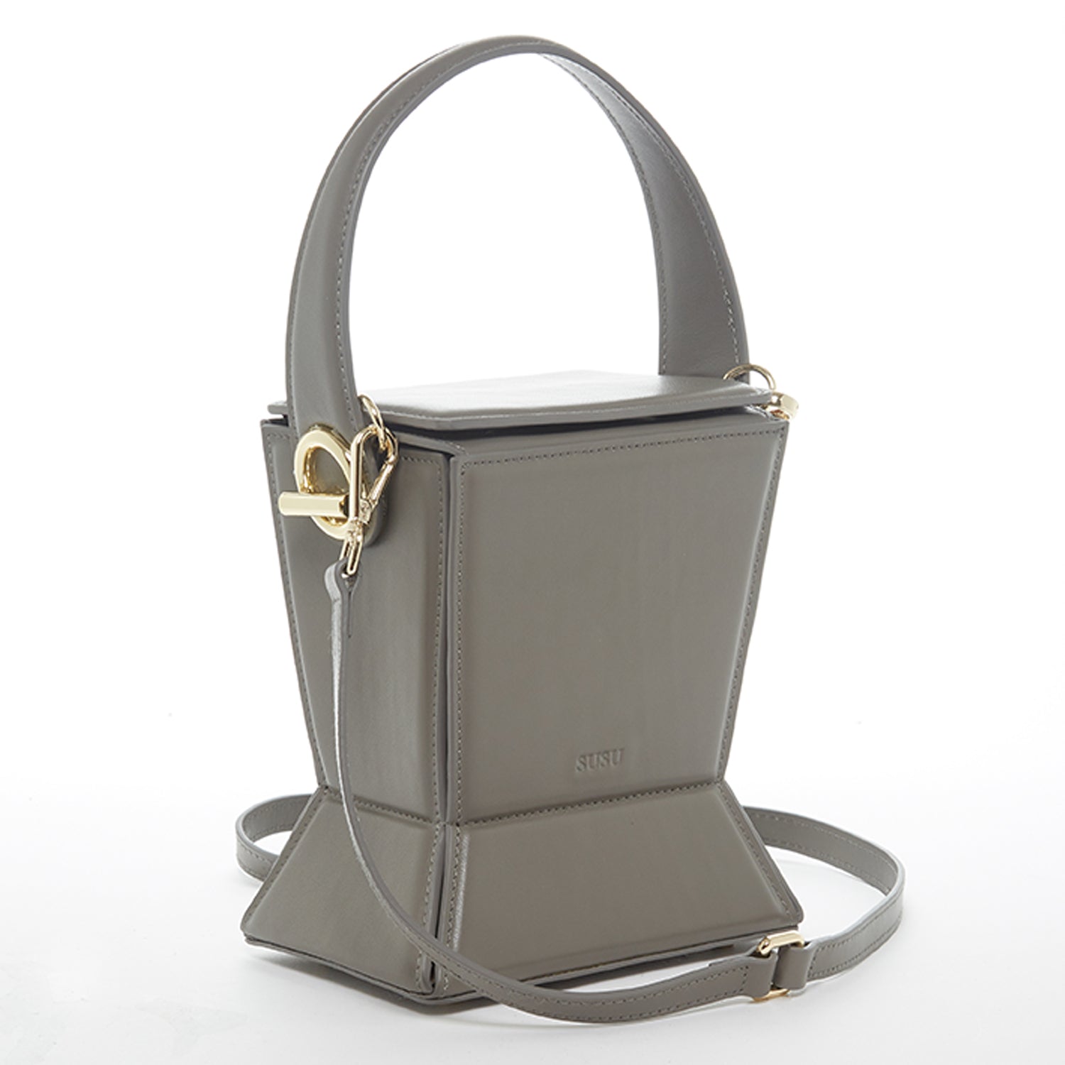 Amber Leather Bucket Bag in Gray with geometric design, gold hardware, and coffee cotton lining.