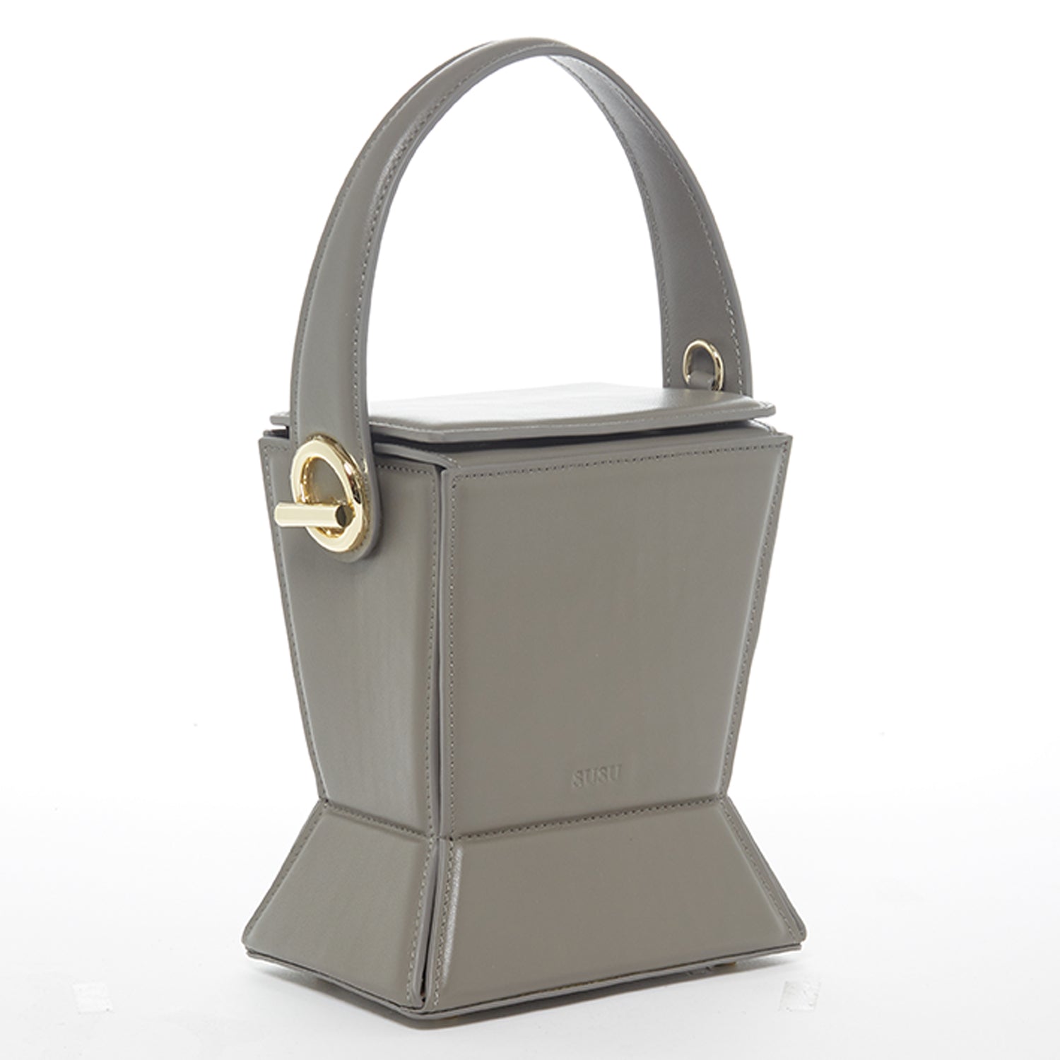 Amber Leather Bucket Bag in Gray with geometric design, gold hardware, and coffee cotton lining.