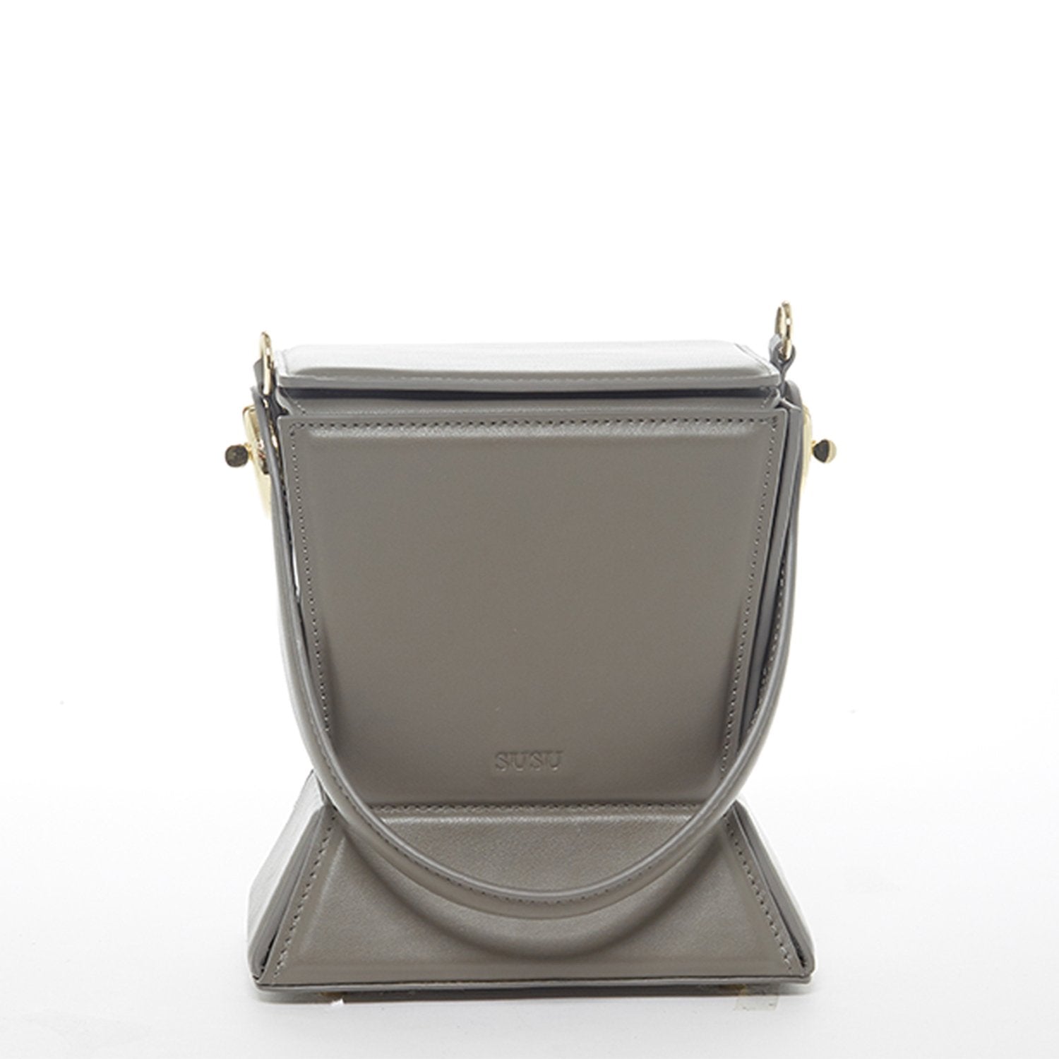 Amber Leather Bucket Bag in Gray with geometric design, gold hardware, and coffee cotton lining.