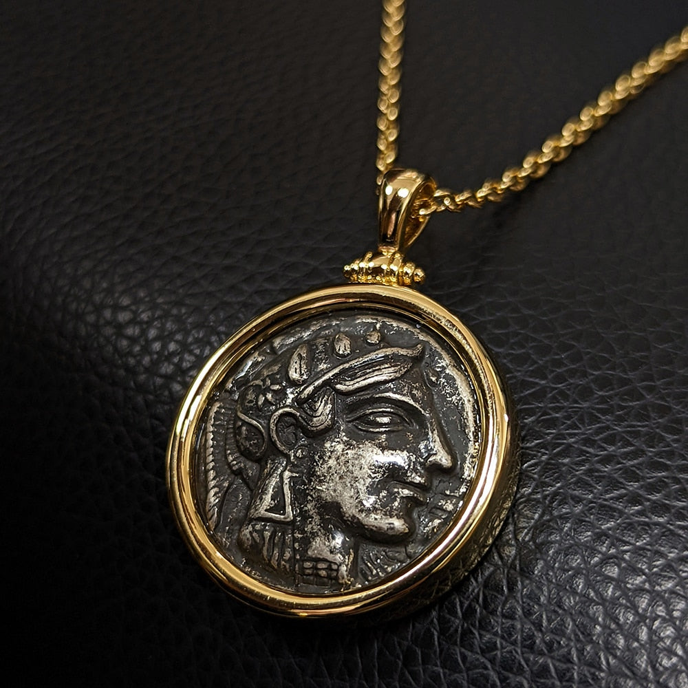 Amorita Vintage Roman Coin Necklace featuring a 3cm pendant with a portrait coin design on a stylish link chain.